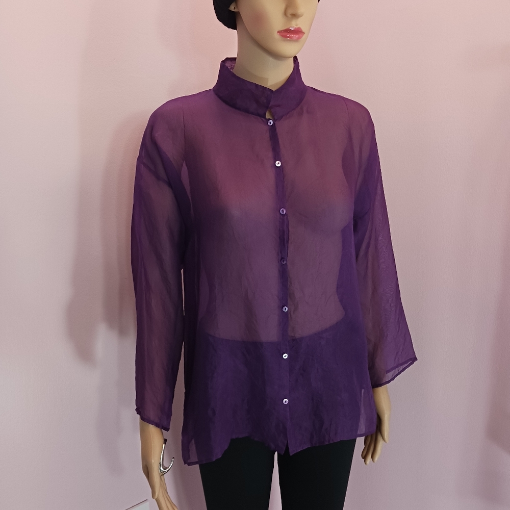 EILEEN FISHER Sheer Purple Crinkle Silk Button Down 3/4 Sleeve Like New Sz PS